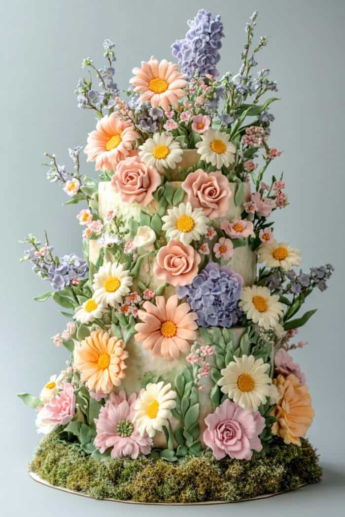 A tiered cake adorned with intricate, colorful sugar flowers including roses, daisies, and hydrangeas. The cake is surrounded by green foliage and sits on a base that looks like moss, creating a lush, garden-like appearance.