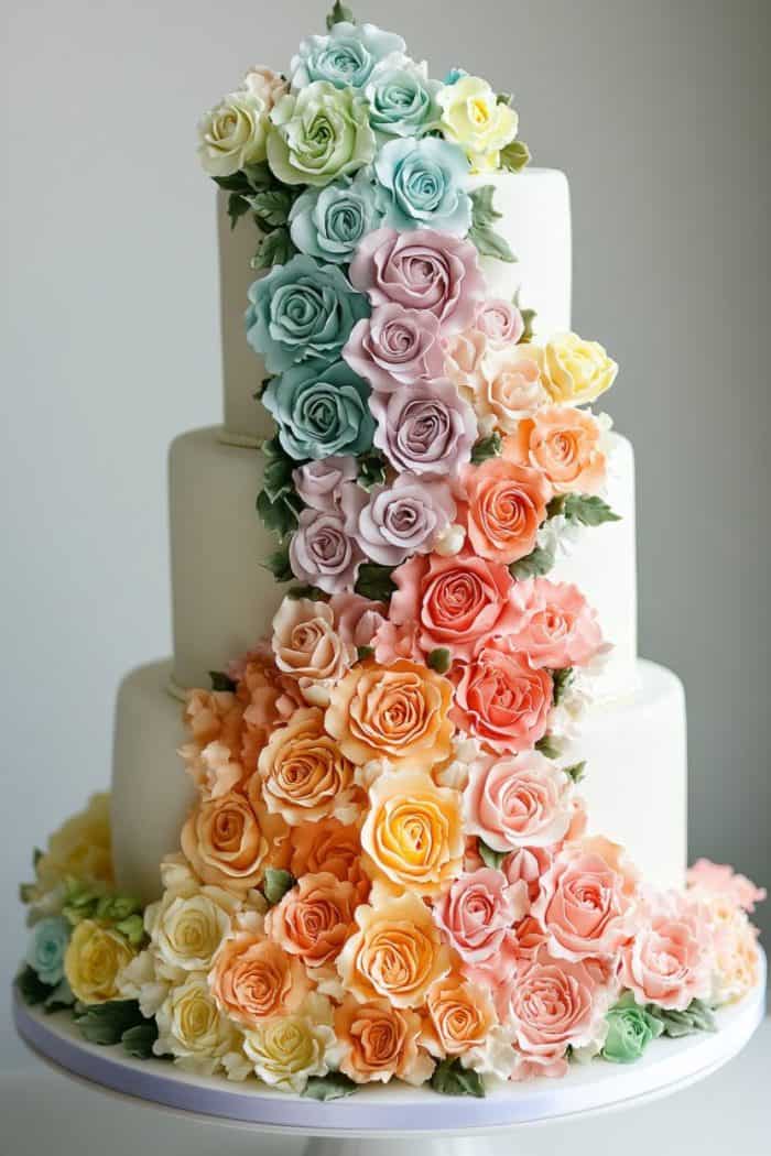 A three-tiered white cake adorned with a cascading arrangement of colorful roses in shades of blue, green, pink, orange, and yellow. The flowers cover the top and flow down to the base, creating an elegant and vibrant display.