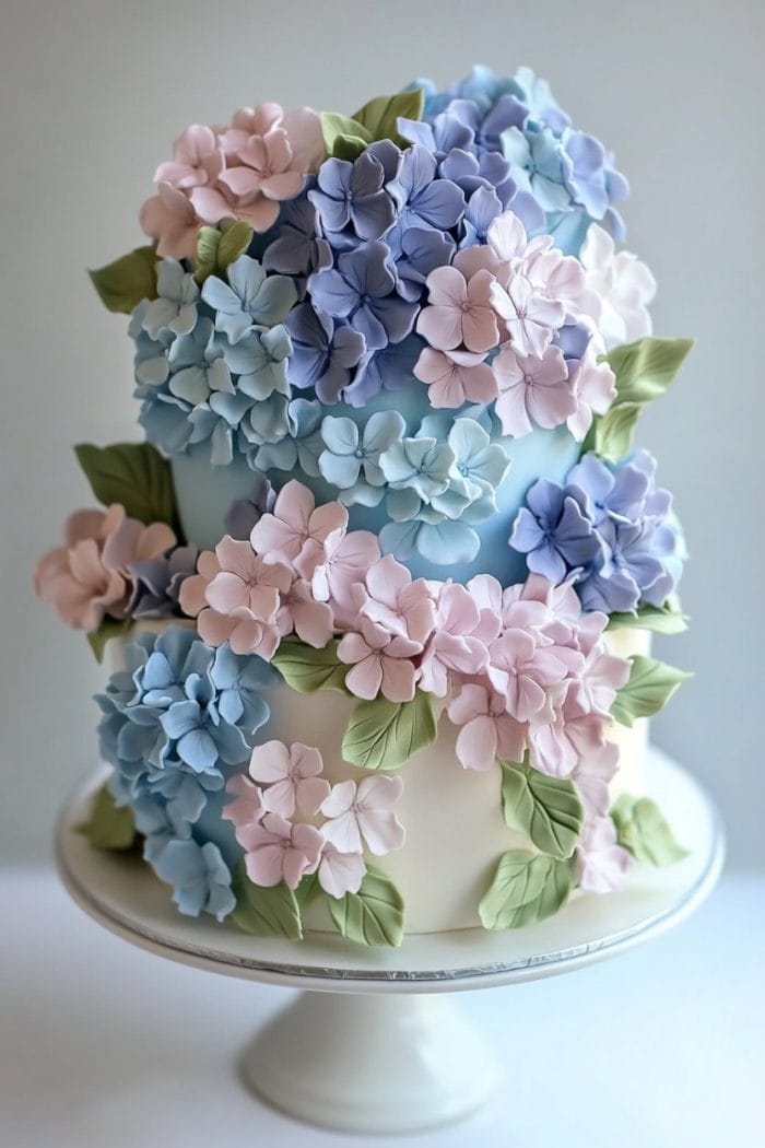 A three-tiered cake adorned with delicate blue, pink, and purple sugar flowers. The flowers cascade down the sides, complemented by green leaves. The cake is displayed on a white stand against a soft background.