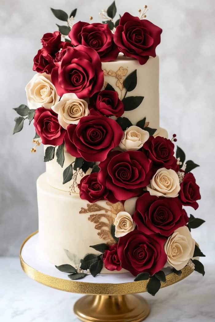A two-tiered white cake adorned with cascading red and cream roses, green leaves, and gold accents. It's displayed on a gold cake stand against a light background.