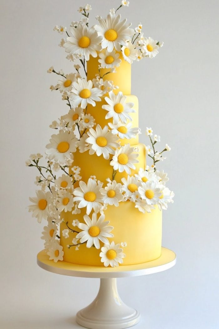 A three-tiered yellow cake adorned with white and yellow daisies cascading down the sides, placed on a white cake stand. The background is plain and light, highlighting the cake's vibrant design.