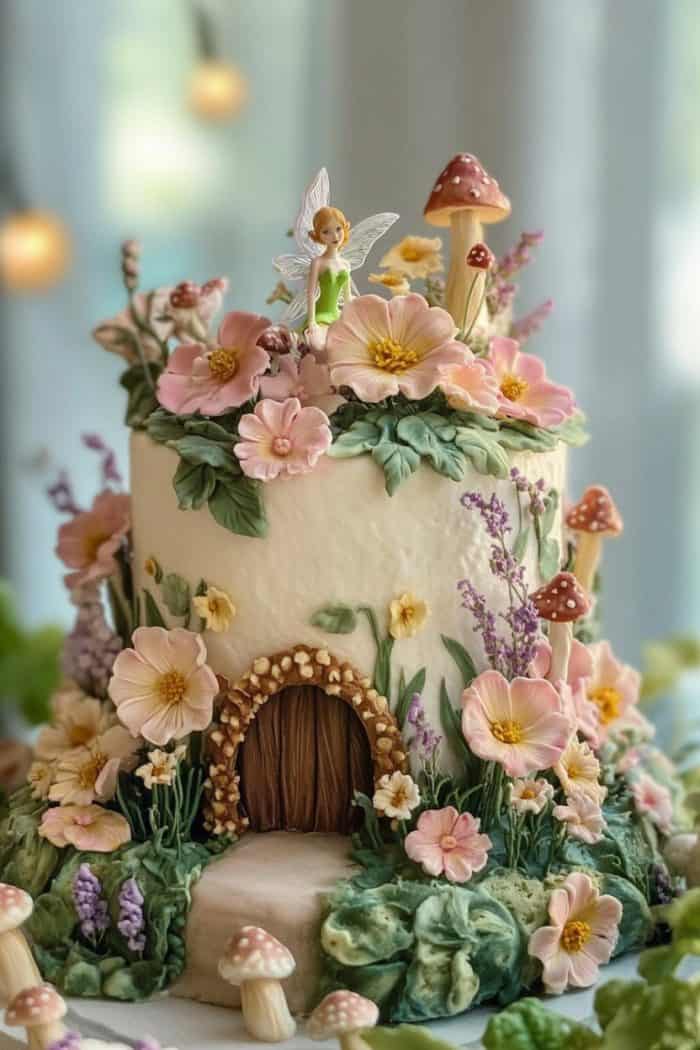 A whimsical fairy-themed cake featuring a fairy figurine on top, surrounded by pink and yellow flowers, green leaves, and red mushrooms with white spots. A small wooden door is at the base, creating an enchanted woodland scene.