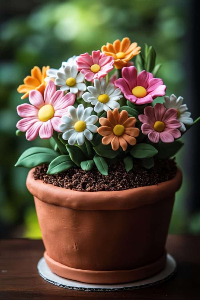 A cake designed to look like a flower pot. It features colorful frosting flowers, including pink, white, and orange blooms, with green leaves, sitting on a bed of chocolate cookie crumbs to mimic soil.