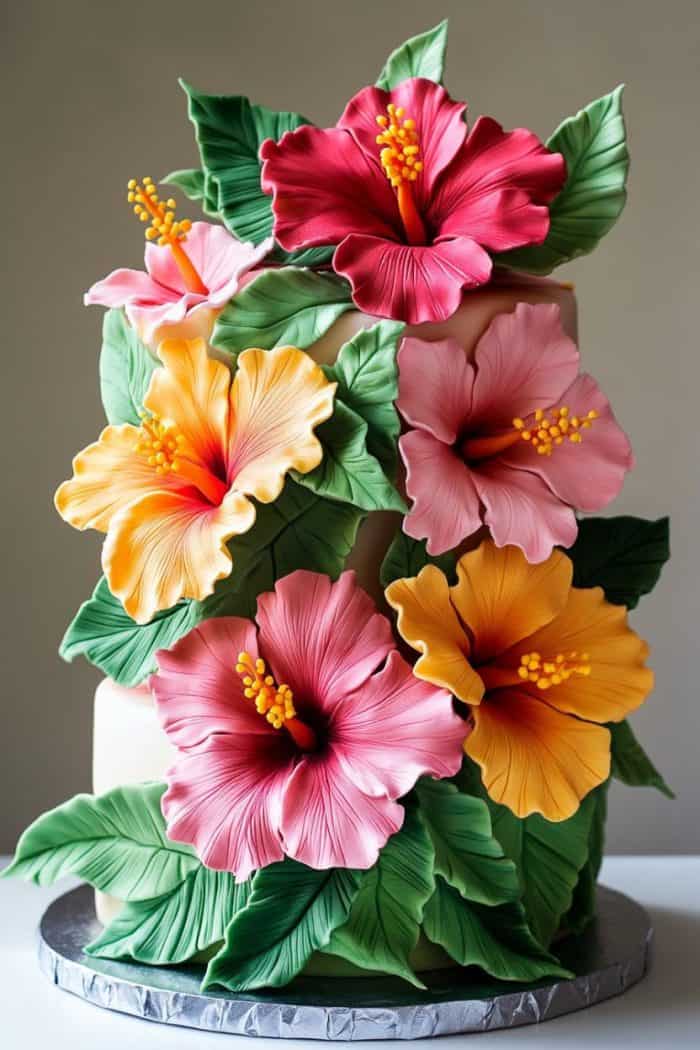 A decorative cake adorned with vibrant, realistic hibiscus flowers in shades of red, pink, and yellow, surrounded by lush green leaves. The intricate floral design creates a tropical and festive appearance.
