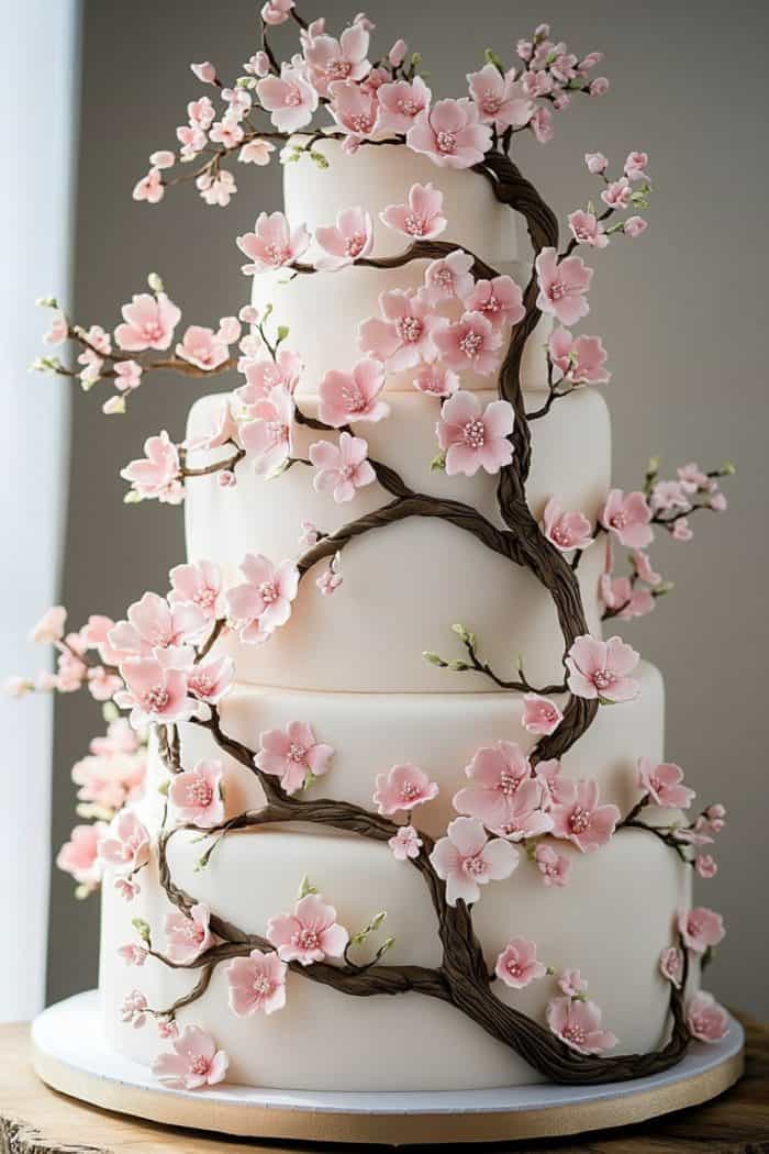 Four-tiered white cake adorned with intricate pink cherry blossoms and realistic brown branches. The blossoms wrap around the cake, adding an elegant and whimsical touch. Soft lighting enhances the delicate details.