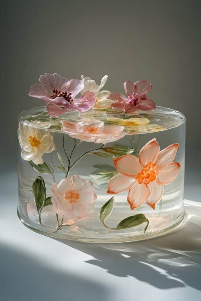 A transparent cake decorated with delicate, colorful flowers in shades of pink, orange, and white. The flowers and leaves are embedded within the clear layers, creating a floating effect. The cake sits on a simple surface with soft lighting.
