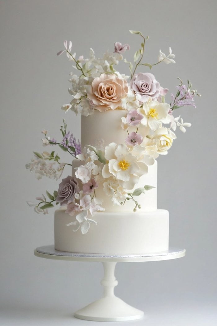 A two-tiered white cake adorned with elegant, realistic sugar flowers in shades of pink, white, and lavender. The cake is displayed on a white stand against a soft gray background, showcasing intricate floral arrangements cascading down the sides.