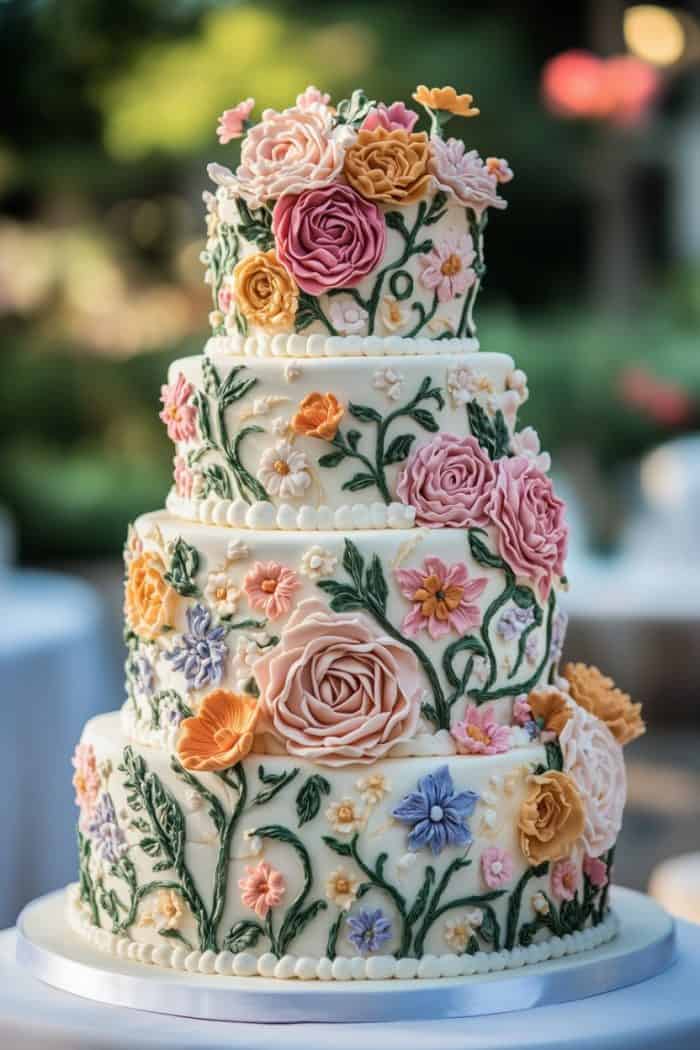 A three-tiered cake adorned with intricate floral designs in pink, orange, purple, and yellow sugar flowers. The cake is set outdoors, with a blurred garden background, creating an elegant and festive atmosphere.