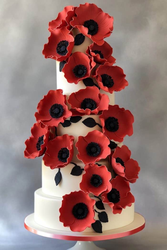 A three-tiered white cake adorned with vibrant red poppies cascading down the side. The flowers have black centers and leaves, creating a striking contrast against the smooth cake surface. The cake sits on a simple round base.