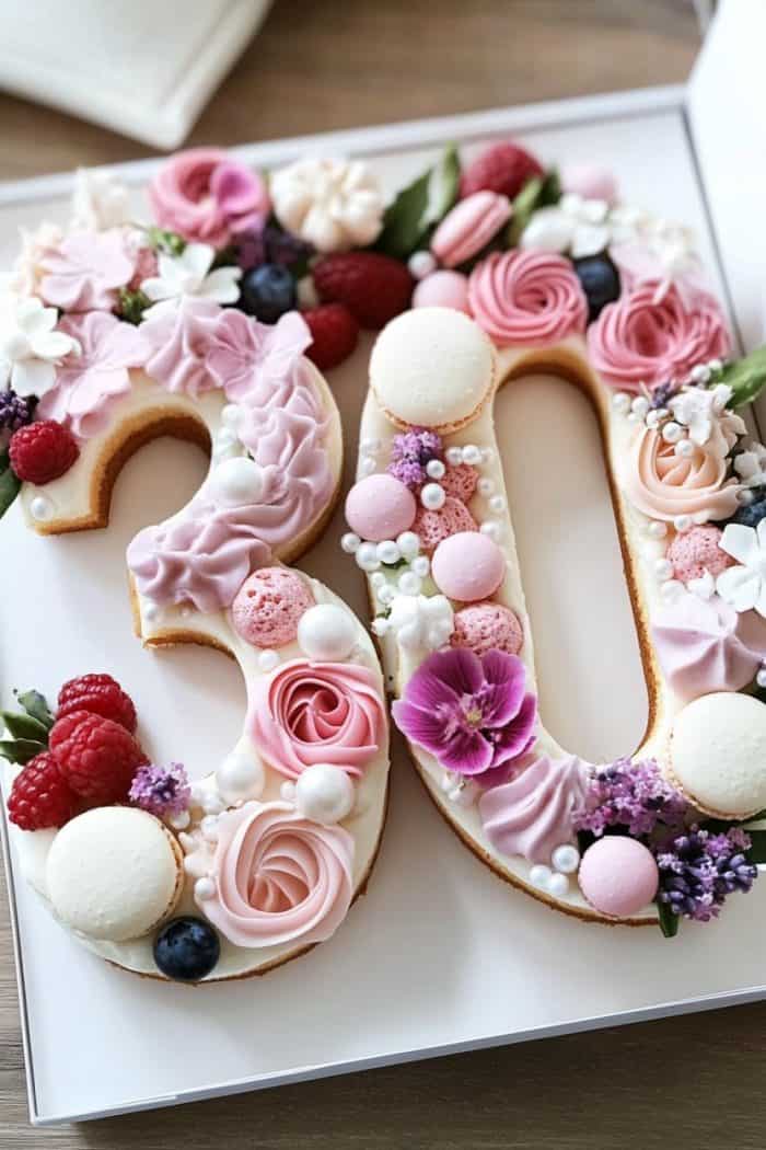 A cake shaped as the number 30, decorated with pink and white flowers, macarons, and berries. Roses and edible pearls add a touch of elegance. The cake is placed on a white background.