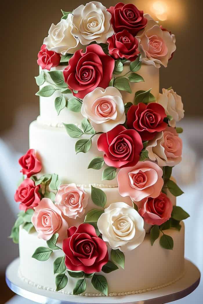 A three-tier white cake adorned with intricate red, pink, and white rose decorations and green leaves. The floral arrangement cascades elegantly down the sides, creating a lush, romantic appearance. The cake sits on a simple white stand.