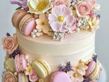 A two-tiered cake adorned with pink and white macarons, pastel flowers, and delicate greenery. The cake is displayed on a white stand against a plain background, creating an elegant and vibrant presentation.