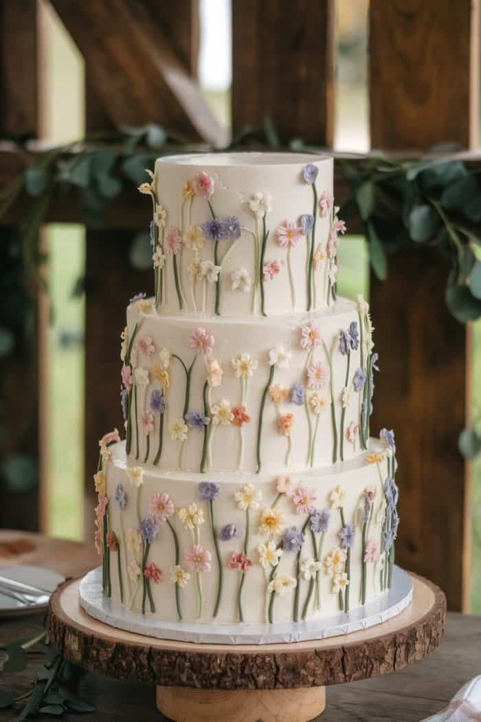 Three-tiered white cake adorned with delicate pastel flower decorations. The cake sits on a wooden stand, surrounded by greenery.