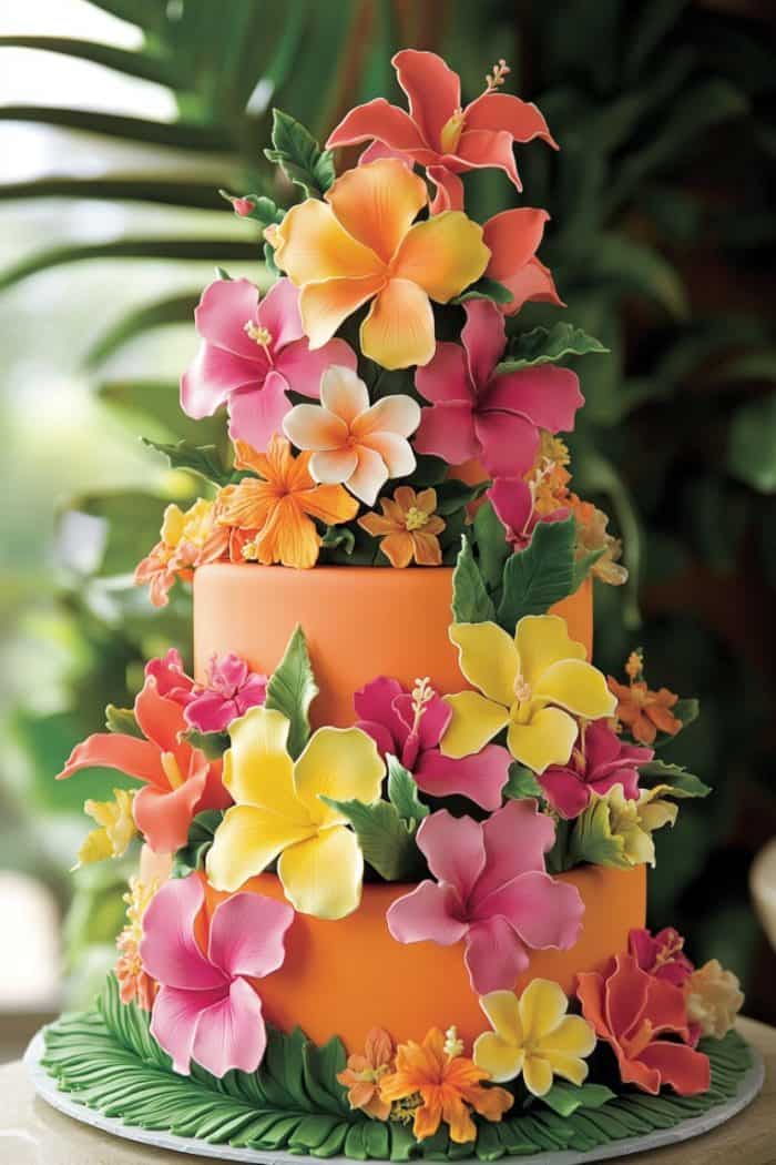 A vibrant, three-tiered cake adorned with realistic, colorful hibiscus flowers in shades of pink, orange, and yellow. Green leaves and small flowers accent the cake, creating a lush, tropical look against a blurred green background.