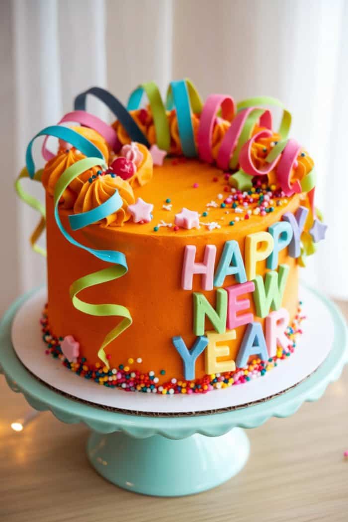 A colorful cake with "Happy New Year" spelled out in vibrant letters. The cake is decorated with multicolored ribbons, vibrant sprinkles, and small star-shaped candies, all set on a light blue cake stand.
