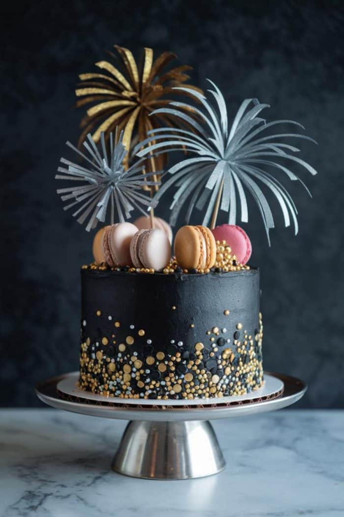 A black cake adorned with gold and silver sprinkles stands on a metal cake stand. It is topped with colorful macarons and metallic starburst decorations, creating an elegant and festive look.