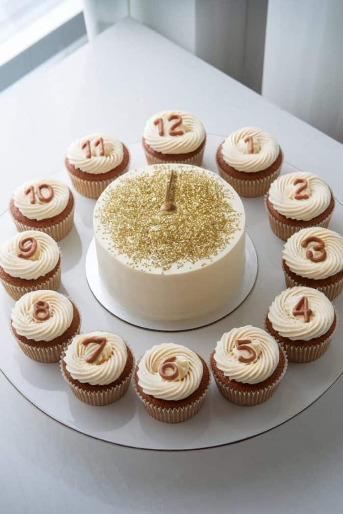 A large, round cake with gold sprinkles and a single candle in the center is surrounded by 12 cupcakes. Each cupcake has a number from 1 to 12 on top, forming a clock-like arrangement.