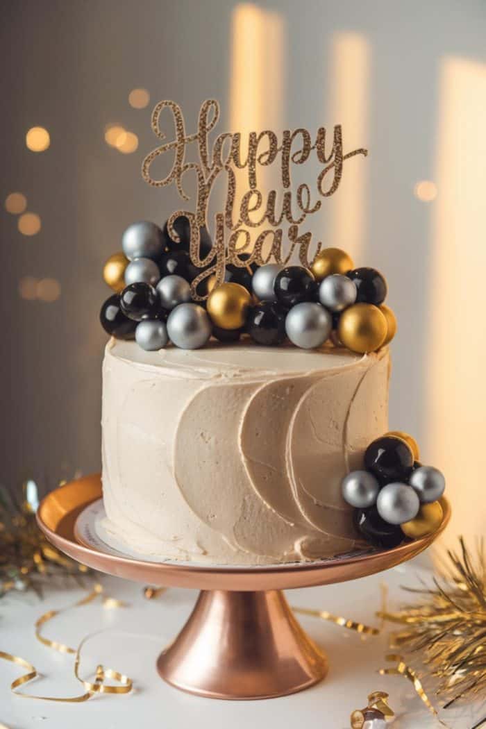 A festive cake with cream icing is topped with metallic spheres in black, gold, and silver colors. A "Happy New Year" topper is placed on top. The cake is displayed on a copper stand with blurred lights in the background.