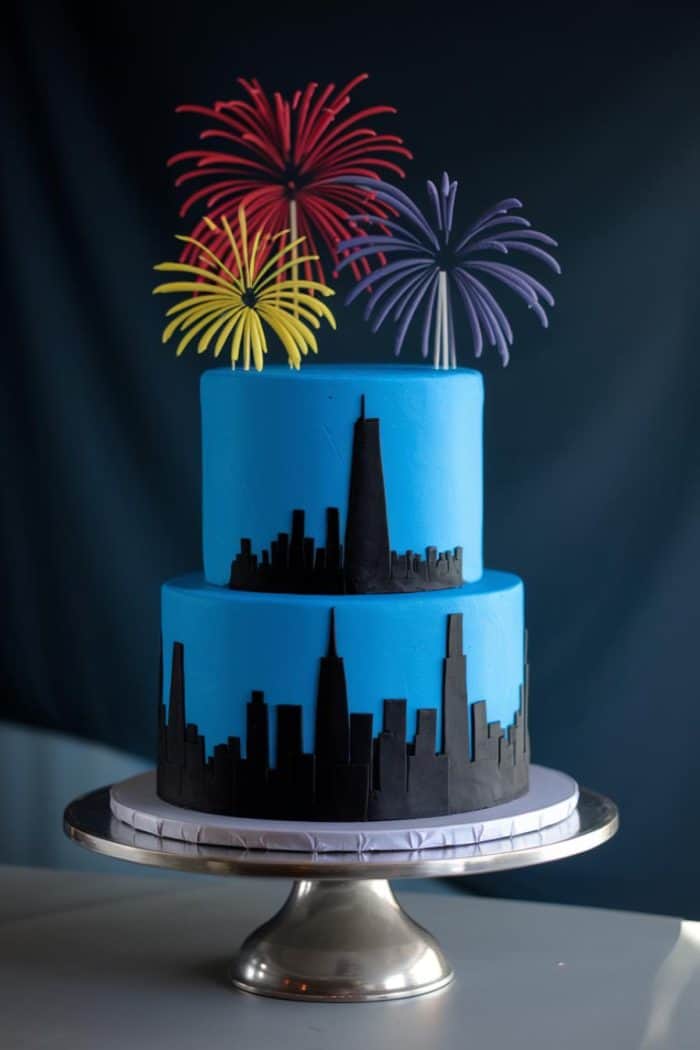 A two-tiered blue cake with a black city skyline silhouette. The top is decorated with colorful fondant fireworks in red, yellow, and purple. The cake is on a silver stand against a dark background.
