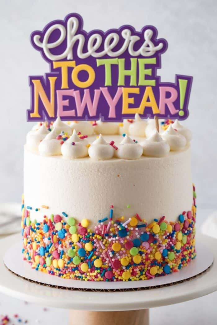 A festive cake with colorful sprinkles and a purple, yellow, and green topper reading "Cheers to the New Year!" The cake is white with dollops of frosting on top, resting on a circular board.