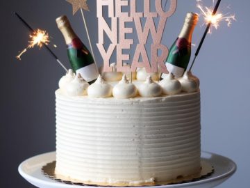 A white frosted cake on a stand, decorated with sparklers and two small champagne bottle decorations. A glittery topper reads "HELLO NEW YEAR" with stars around it. The background is a simple, neutral shade.