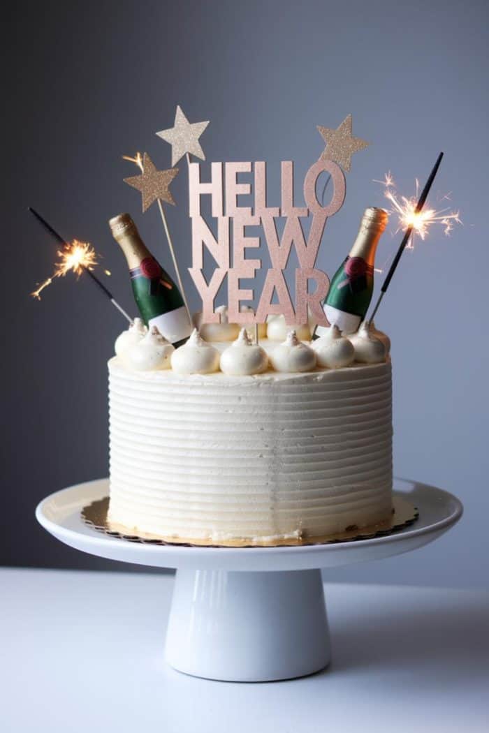 A white frosted cake on a stand, decorated with sparklers and two small champagne bottle decorations. A glittery topper reads "HELLO NEW YEAR" with stars around it. The background is a simple, neutral shade.