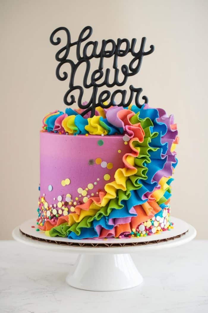 A vibrant New Year's cake with a purple base adorned with colorful, ruffled icing and confetti sprinkles. A topper reads "Happy New Year" in elegant black script. The cake is set on a white cake stand against a light background.