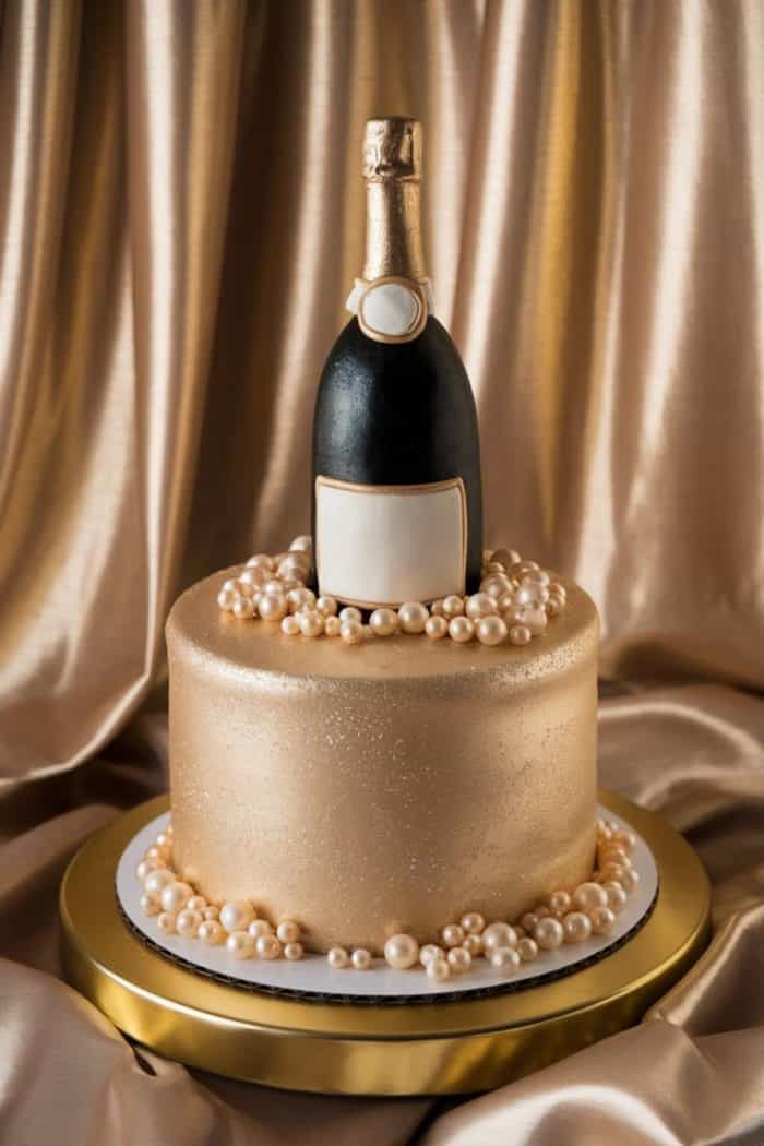 A luxurious cake decorated with a bottle of champagne and edible pearls sits against a shimmering gold satin backdrop. The cake is elegantly coated in gold, and the pearls are scattered around the base and top.