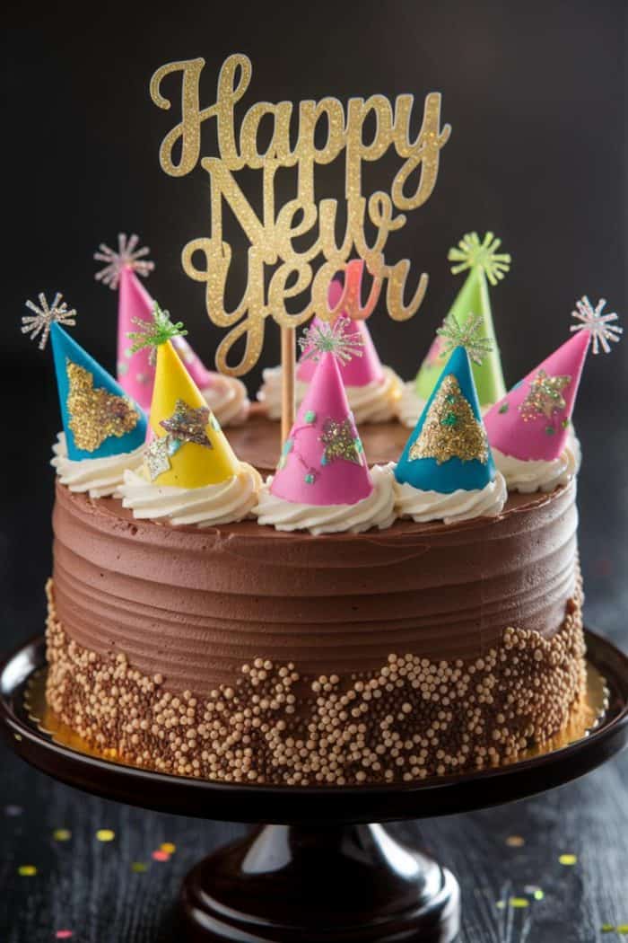 A chocolate cake on a stand, topped with "Happy New Year" in gold letters and colorful party hats decorated with stars. The cake is embellished with chocolate pearls, and the background is dark with scattered confetti.