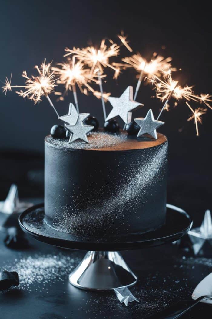 A black cake adorned with silver stars and sparklers sits on a pedestal. The cake is dusted with white powder, and the sparklers are lit, creating a festive and elegant appearance. Several silver star decorations are also scattered around the base.