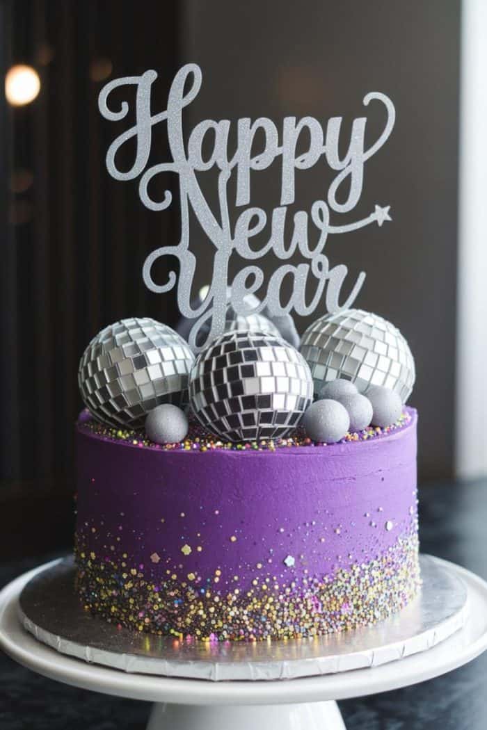 A purple cake adorned with silver disco ball decorations and multicolored sprinkles. On top, a glittery silver "Happy New Year" topper adds a festive touch. The cake sits on a white cake stand against a dark background.