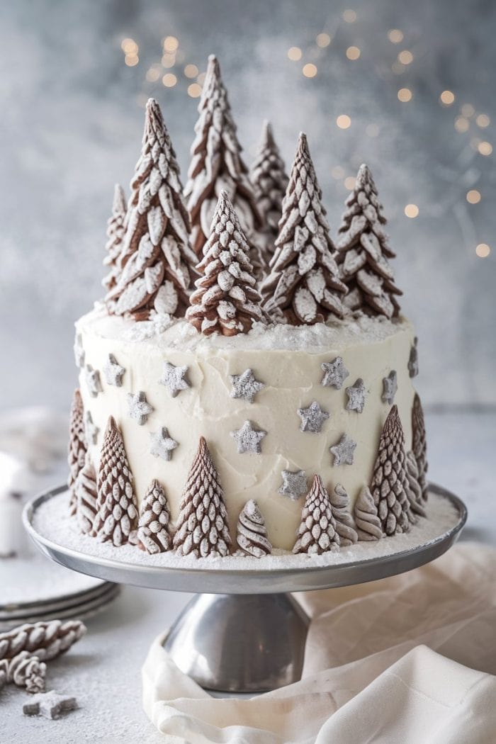 Festive cake decorated with chocolate trees dusted with powdered sugar and star-shaped embellishments on white frosting. It sits on a metallic stand against a softly blurred backdrop with twinkling lights.