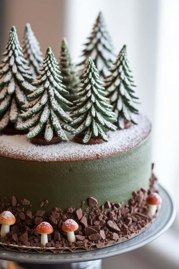 A cake decorated with green icing, resembling a forest scene. Tall conical trees with snow-like white tips are on top, and chocolate pieces along the base mimic earth and mushrooms.