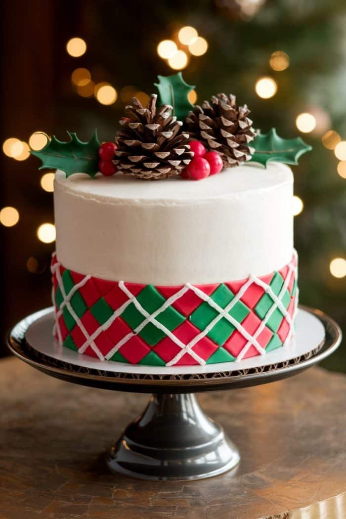 A festive cake with smooth white frosting, adorned with pinecones, holly leaves, and berries on top. The side features a red, green, and white plaid pattern. It's displayed on a metallic cake stand with a blurred background of glowing lights.