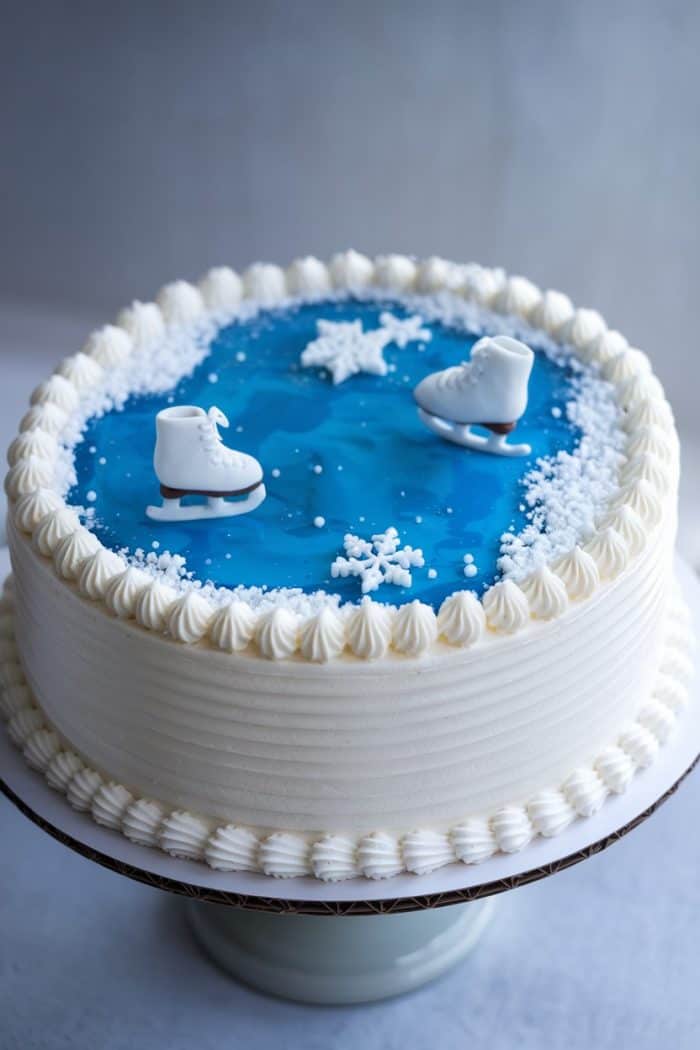 A round cake with white icing features a blue-tinted top, resembling an ice rink. Decorative white snowflakes and two small edible ice skates adorn the top, with a textured edge pattern around the sides.
