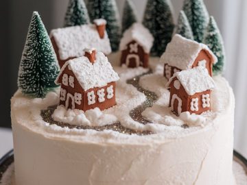 A white cake topped with a winter village scene. It features small gingerbread houses, snow-covered trees, and a glittery path, all dusted with powdered sugar, creating a festive and wintry atmosphere.