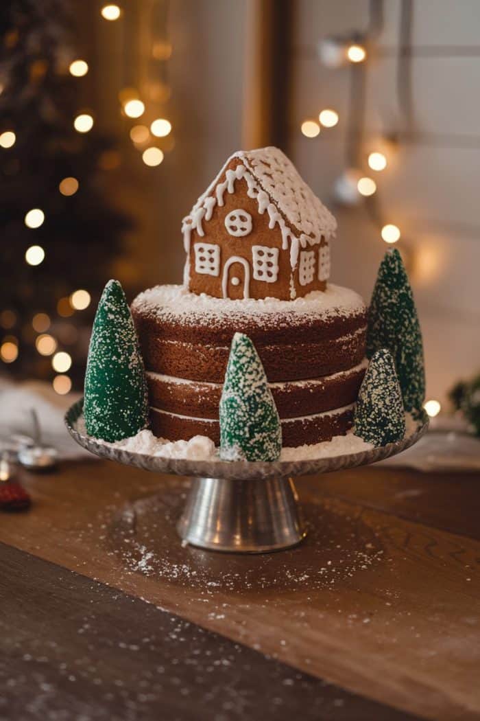 A festive cake decorated with a small gingerbread house on top and surrounded by frosted green trees. The cake is displayed on a metallic stand, with warm string lights in the background creating a cozy atmosphere.