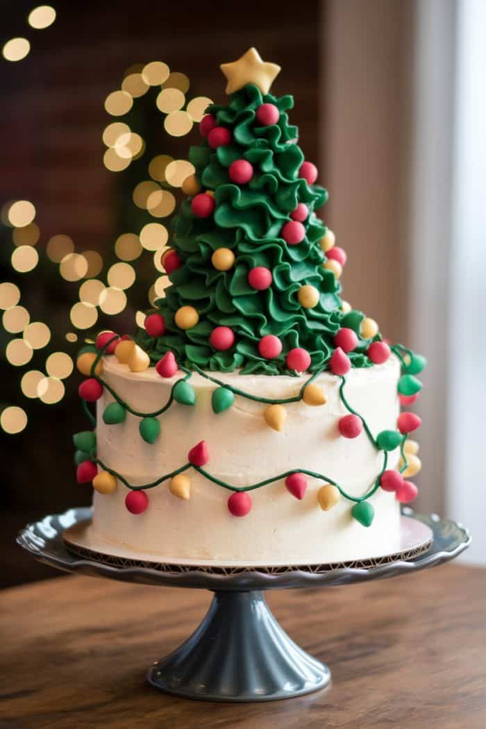 A festive cake decorated like a Christmas tree with green frosting layers and a star on top. The base is adorned with colorful light bulb decorations. It sits on a gray cake stand, with blurred holiday lights in the background.