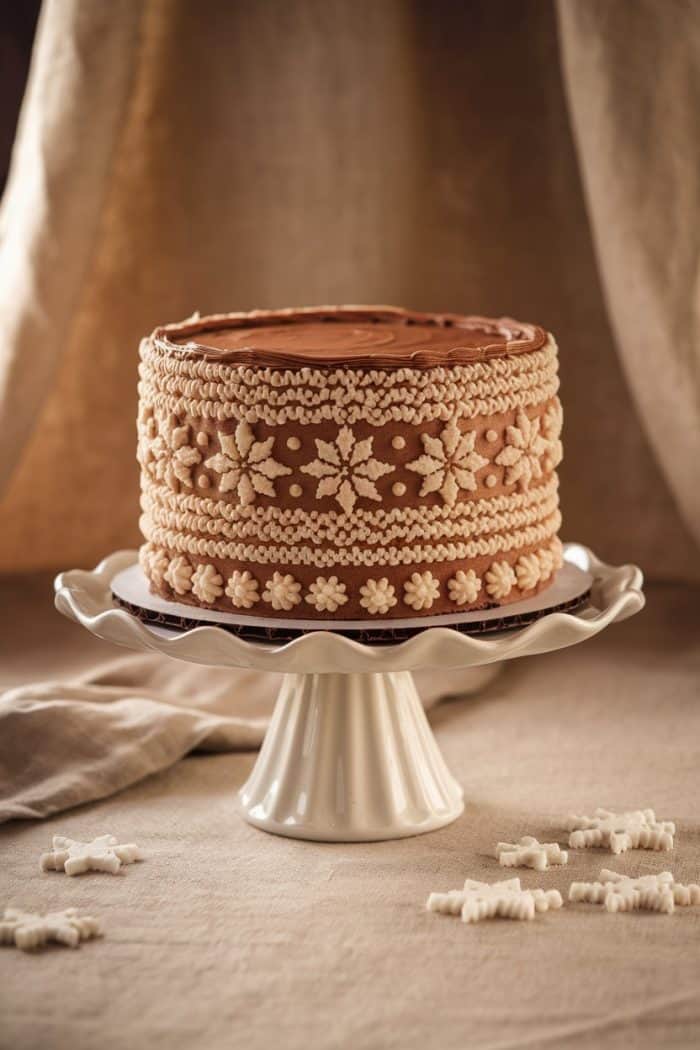 A chocolate cake decorated with intricate white icing patterns sits on a white pedestal cake stand. The background is a beige fabric, and small icing decorations are scattered on the surface.