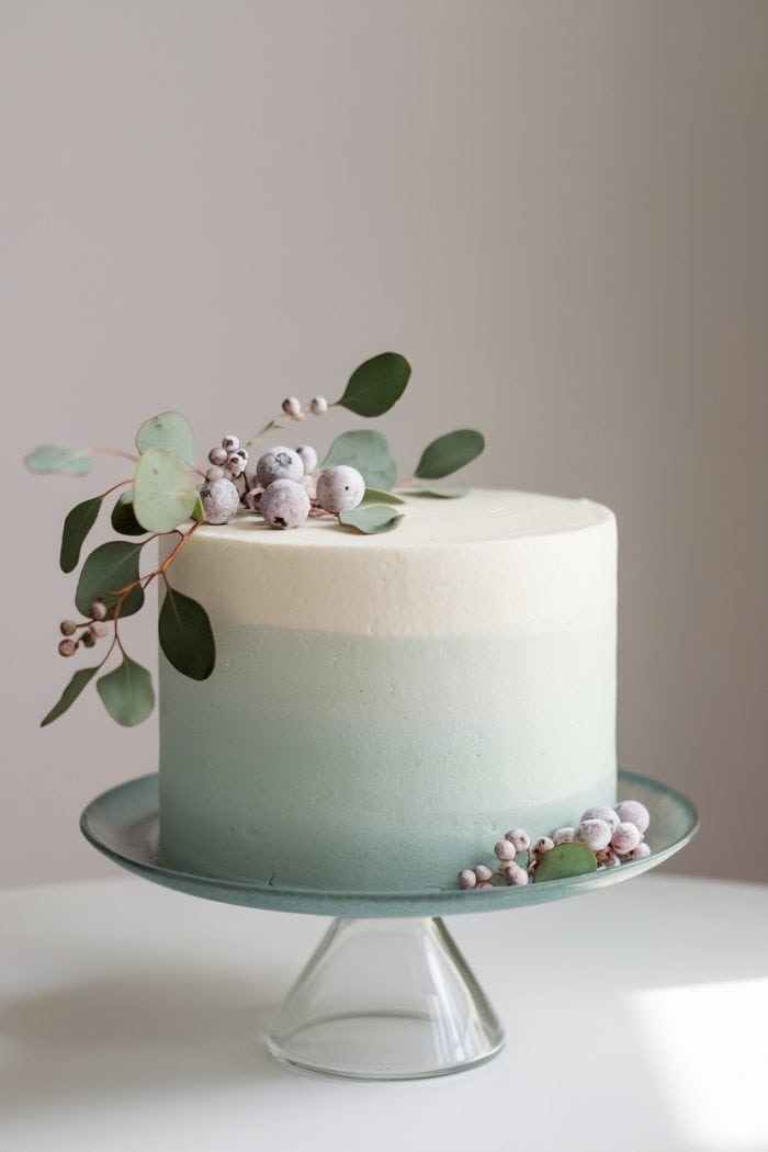 A minimalist, frosted cake with a smooth gradient from white to light green, adorned with eucalyptus leaves and small berries on top and at the base, sits on a clear glass cake stand.