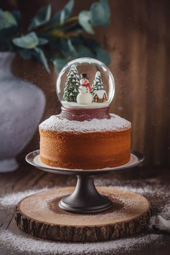 A cake topped with a snow globe featuring a snowman, trees, and a small house. The cake is dusted with powdered sugar and sits on a wooden cake stand. The background includes a blurred vase with greenery.