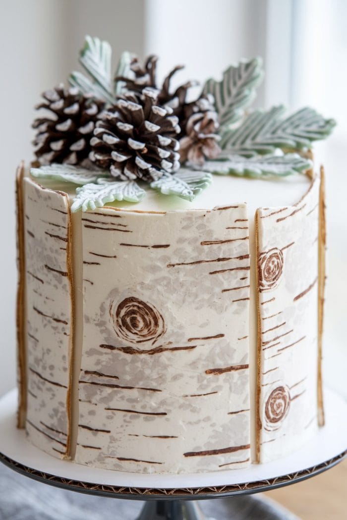 A beautifully decorated cake with birch bark patterns on the sides, topped with realistic-looking pine cones and green frosted pine needles, set against a soft, blurred background.