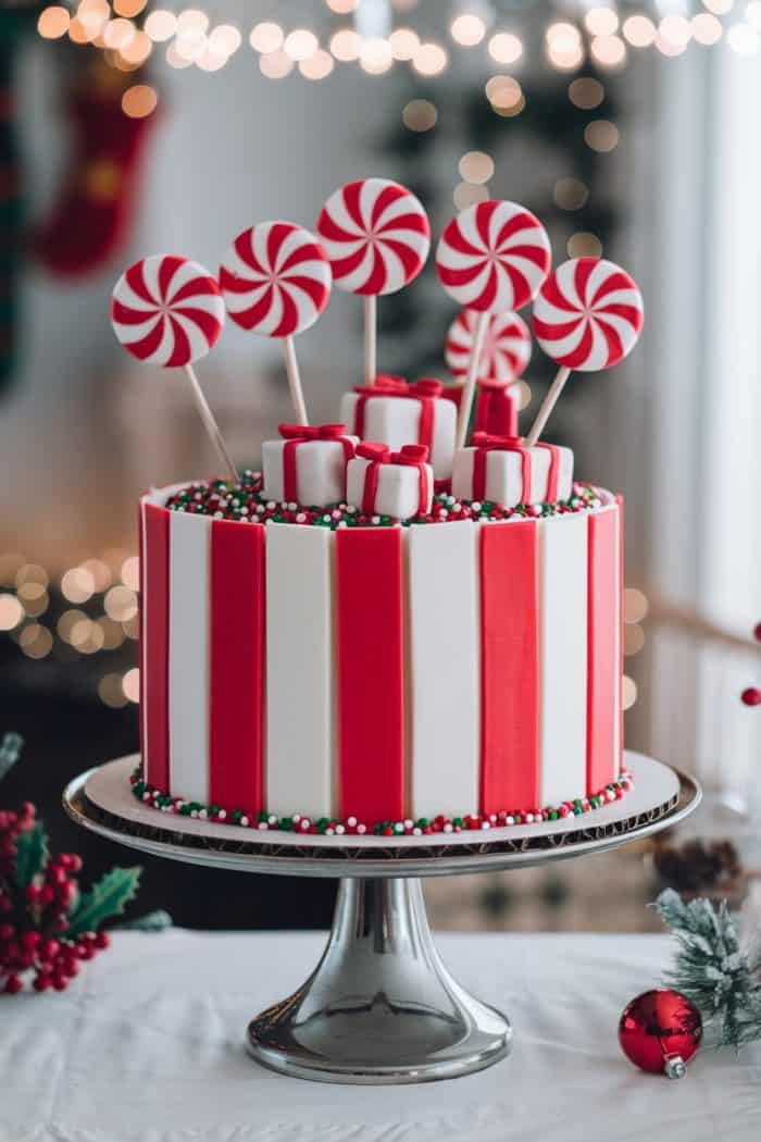 A festive cake with red and white vertical stripes, topped with candy cane lollipops and marshmallows. The base is decorated with red, green, and white sprinkles. The cake is displayed on a silver stand with holiday decor around.