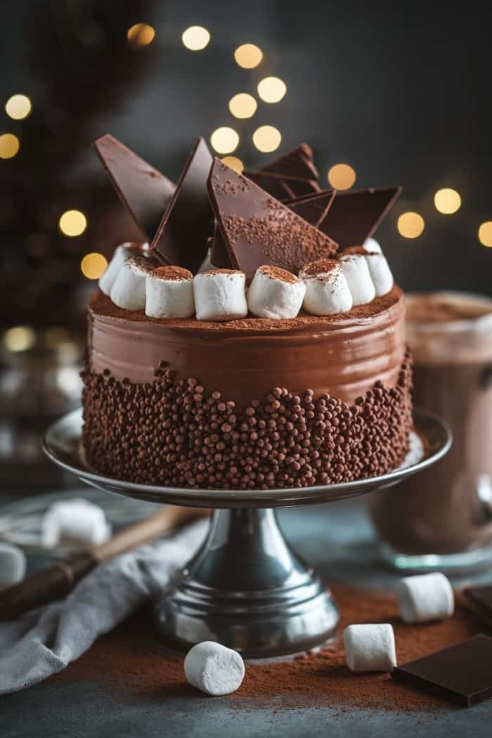 A chocolate cake on a stand, topped with triangular chocolate pieces and marshmallows. The cake is decorated with chocolate pearls around the sides. Blurred lights in the background add a festive ambiance.