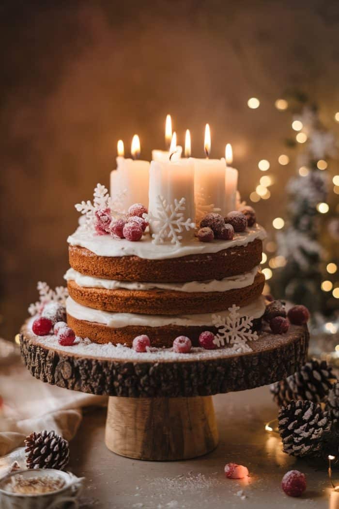 A festive three-layer cake on a wooden stand, topped with white frosting, red berries, snowflake decorations, and lit candles. Pine cones and warm, soft lights are in the background, creating a cozy atmosphere.