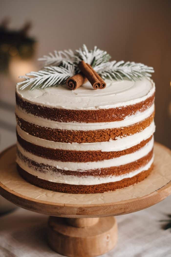 A three-layer naked cake with white frosting, topped with sprigs of greenery and cinnamon sticks, sits on a wooden cake stand. The background is softly lit, creating a cozy atmosphere.