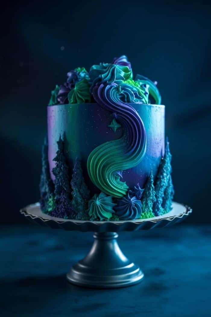 A galaxy-themed cake sits on a silver stand. Its icing is decorated with swirling patterns of blue, purple, and green resembling the night sky, complete with star-shaped details. The base features icing shaped like evergreen trees.