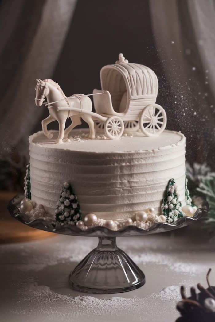 A white frosted cake on a glass stand with a decorative horse and carriage topper. The cake is adorned with small green and white tree decorations and pearl-like accents. Snow-like powdered sugar is sprinkled around.
