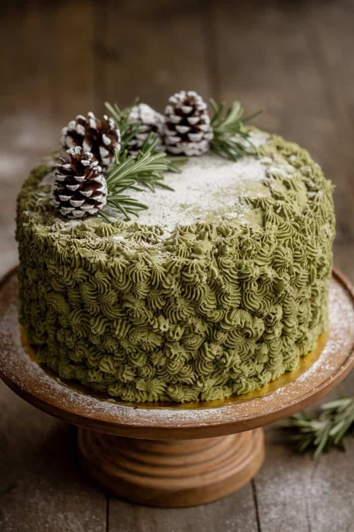 A rustic cake adorned with green frosting resembling moss, topped with dusted pinecones and sprigs of rosemary. The cake sits on a wooden pedestal, with a wooden surface sprinkled with powdered sugar in the background.