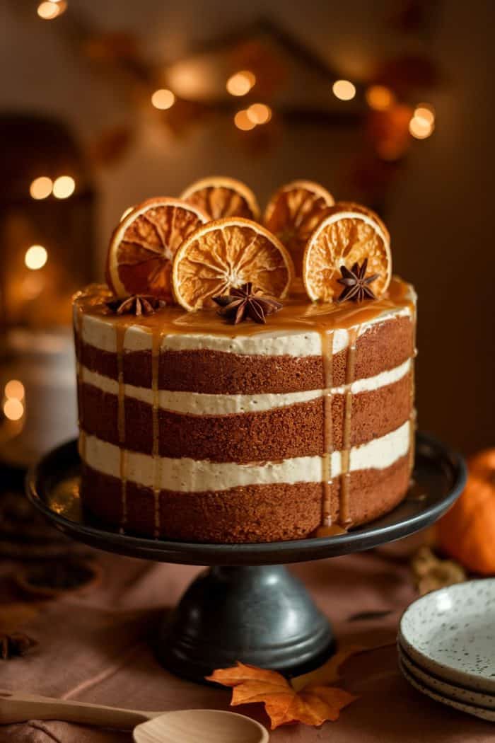 A layered cake with caramel drizzle, topped with dried orange slices and star anise. It sits on a dark cake stand, surrounded by warm, soft lighting and autumn-themed decorations.